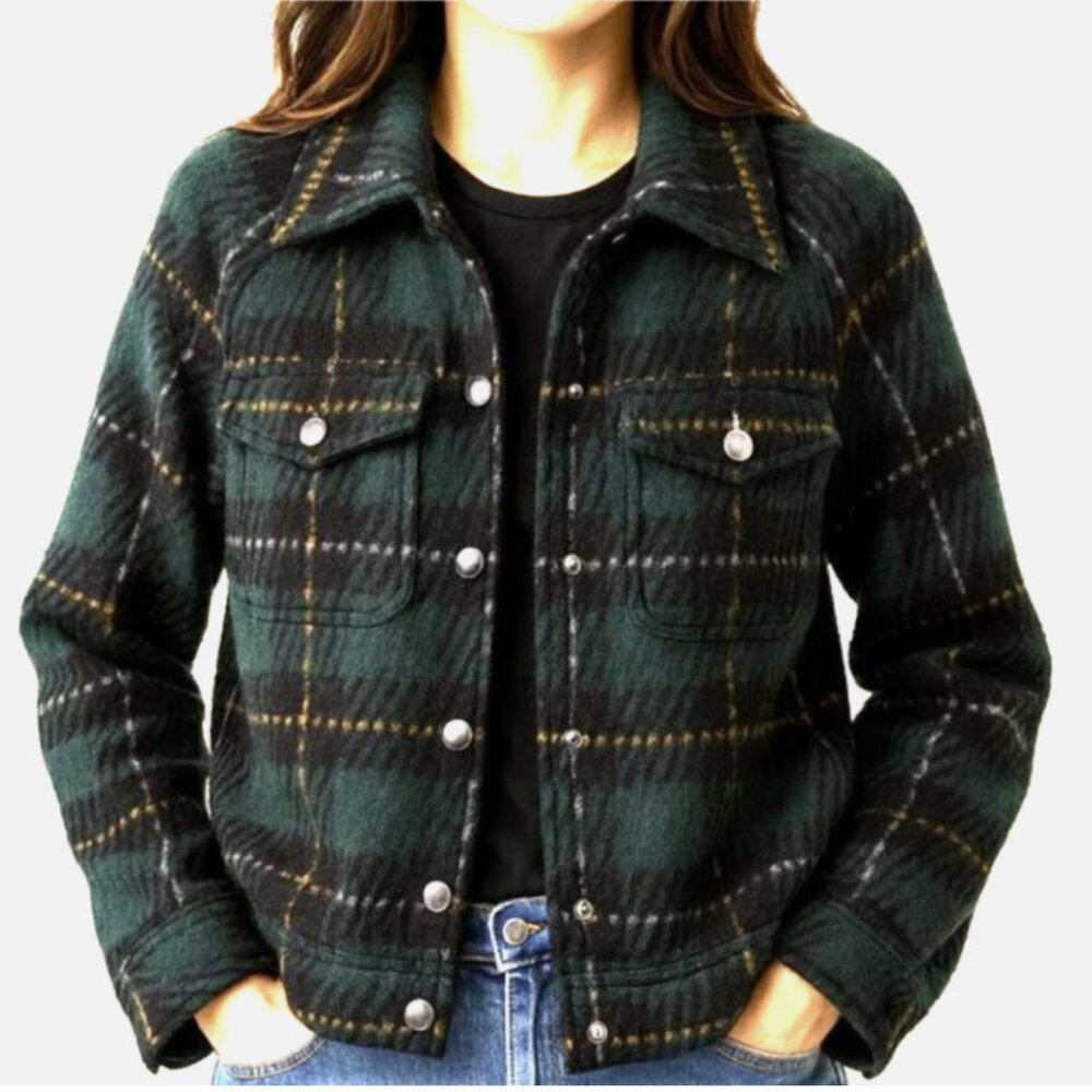 Christopher & Banks XL Green Plaid Wool Blend Snap Lined Jacket NWT Reg $79